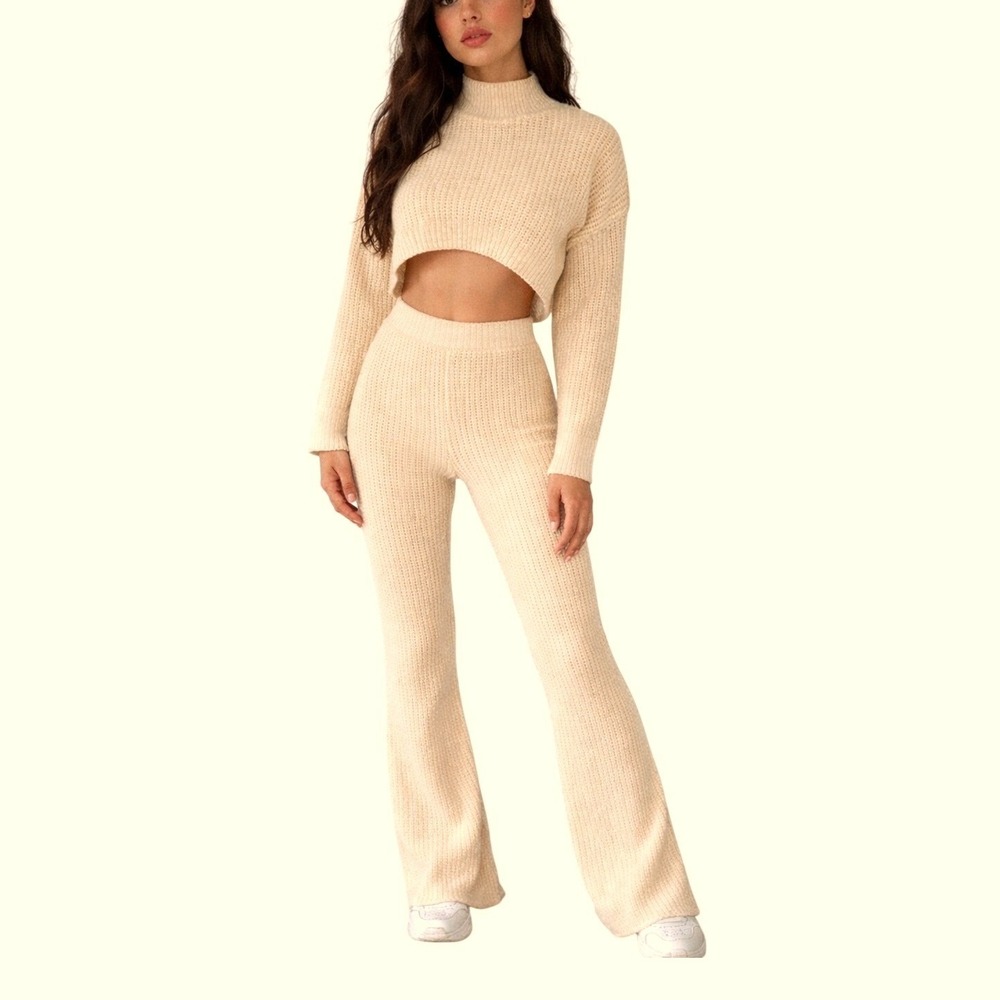 PrettyLittleThing Y2K Cream Ribbed Knit 2 Piece Mock Neck Crop Top Flare Pants S